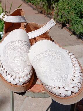 White Floral-Embossed Leather Huaraches